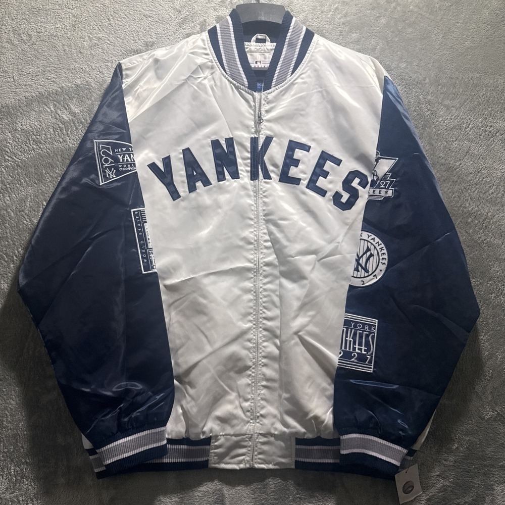 New York Yankees G-III Full Zip Satin Jacket XXL Patches Rare Spellout Throwback